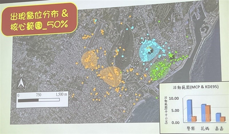 A research slide shows an aerial map of Hualien City marking sighting locations and the core habitat range of Formosan flying foxes at a press conference in Taipei on Wednesday. CNA photo Aug. 26, 2026