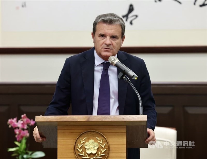 Centinaio delivers a speech at the Presidential Office in Taipei on Tuesday. CNA photo Sept. 1, 2026