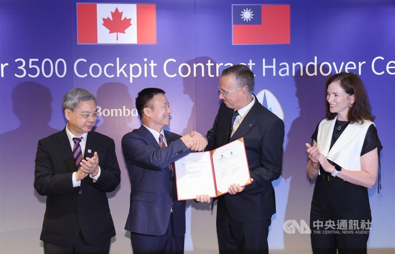 Minister of Economic Affairs Kung Ming-hsin (first left) witnesses the exchange of signed copies of an agreement between Taiwan's Aerospace Industrial Development Corp. (AIDC) and Canada-based Bombardier at a ceremony in Taipei on Monday. CNA photo Sept. 7, 2026