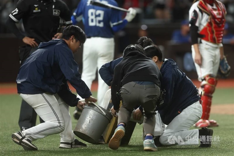 Other stadium workers quickly join in to remove the rodent. CNA photo Sept. 10, 2026
