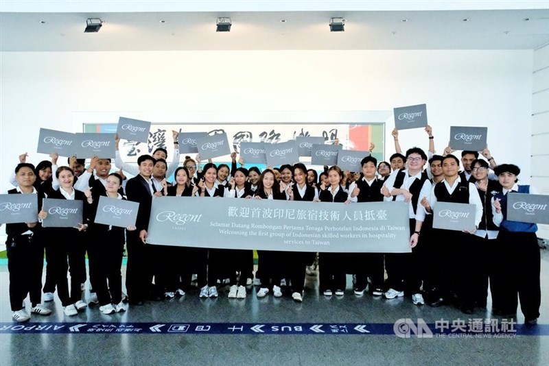 Indonesian workers pose for a photo upon their arrival in Taiwan on Monday. CNA photo Sept. 14, 2026