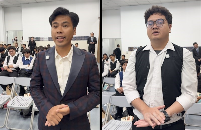 Indonesian workers Martin Lawrence (right) and I Nyoman Miyoga speak about joining the first group of foreign skilled workers recruited for Taiwan’s hospitality sector. CNA photo Sept. 14, 2026 (composite image)