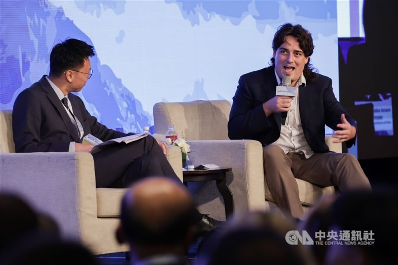 Anduril Industries founder Palmer Luckey (right) speaks to the media in a joint interview following his keynote speech at an international forum in Taipei. CNA photo June 19, 2026