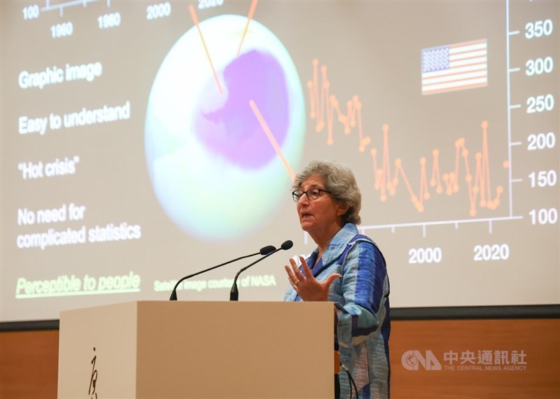 Tang Prize laureate Susan Solomon, whose research on chlorofluorocarbons (CFCs) earned her the 2026 Tang Prize in Sustainable Development, speaks at an event in Taipei on Saturday. CNA photo Sept. 19, 2026