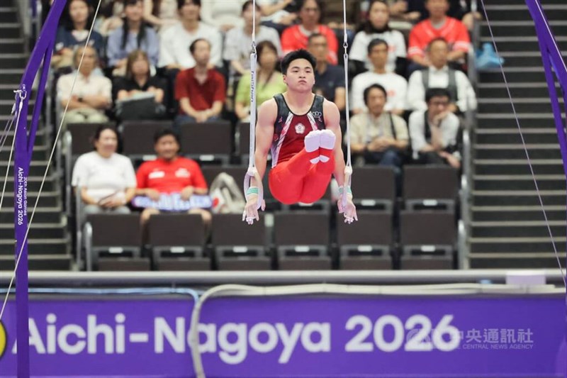 Taiwan’s Chuang Chia-lung competes on the rings during the men’s artistic gymnastics team event at the Asian Games on Wednesday. Sept. 23, 2026