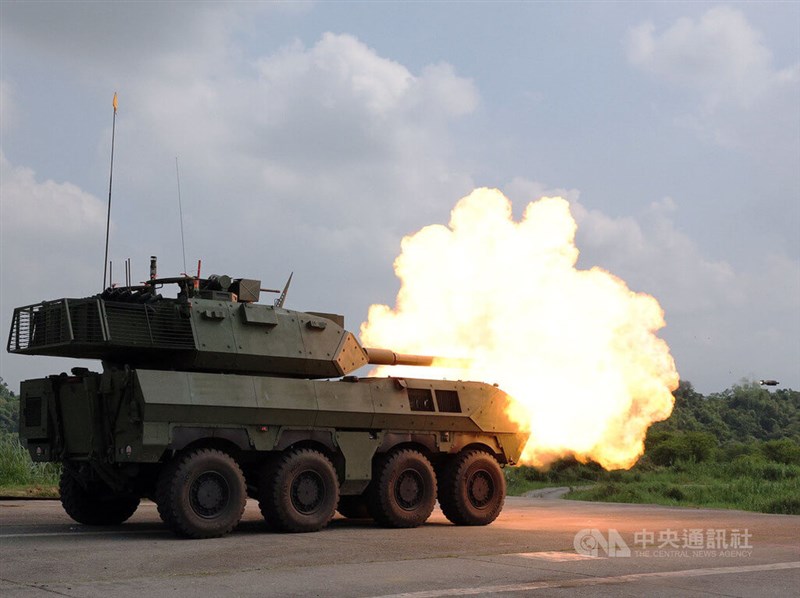 Taiwan's 105mm wheeled armored fighting vehicle fires a High-Explosive Anti-Tank-Tracer (HEAT-T) round during a performance demonstration at an Army training area in Tainan on Wednesday. CNA photo Sept. 23, 2026