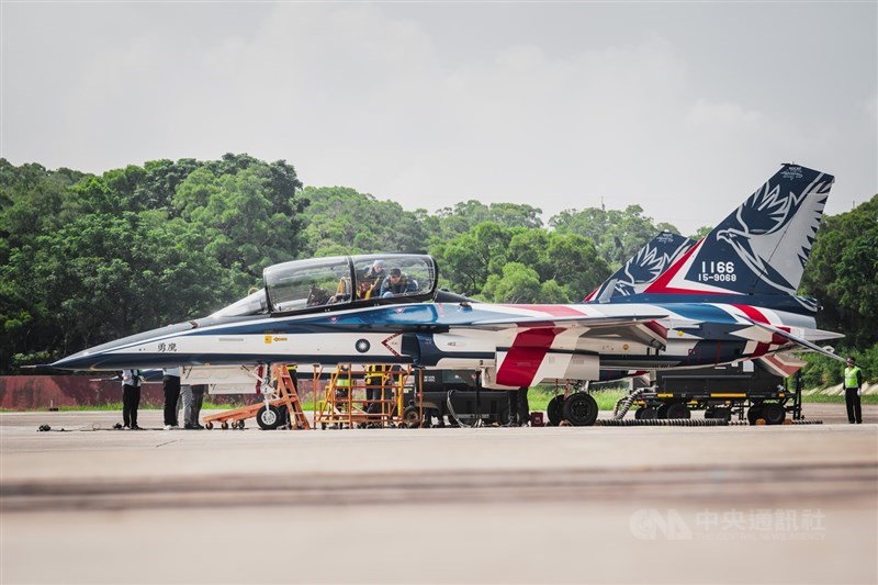 Two Brave Eagle advanced jet trainers sit on a tarmac at the AIDC plant in Shalu, Taichung, on Thursday. CNA photo Sept. 24, 2026
