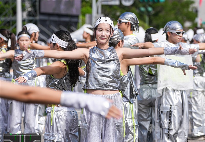 Students from Ching Chuan High School of Commerce and Industry perform “T-CORE: Heart of Taiwan” during National Day celebrations in front of the Presidential Office in Taipei on Saturday. CNA photo Oct. 10, 2026