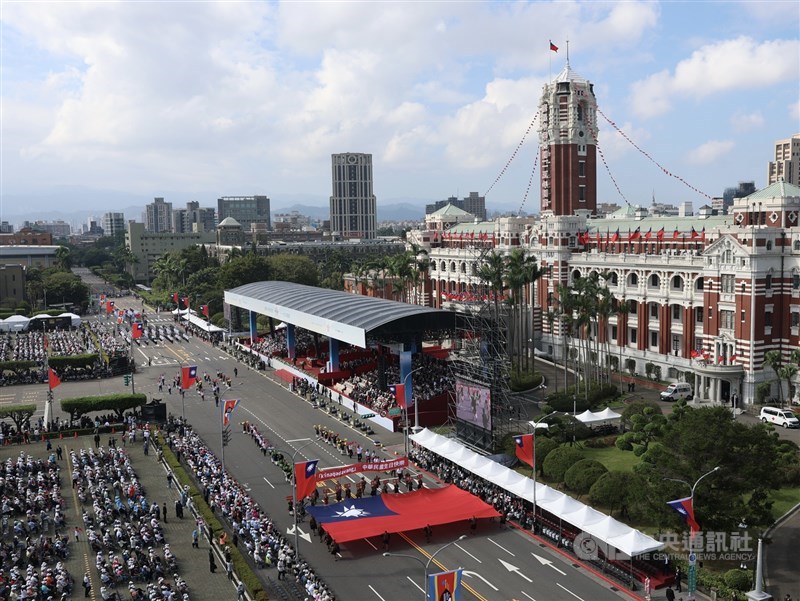 The National Day celebrations get underway in front of the Presidential Office in Taipei on Saturday. CNA photo Oct. 10, 2026
