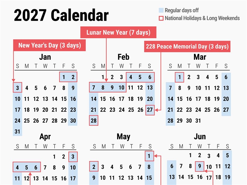 Nine extended holidays announced for Taiwan in 2027
