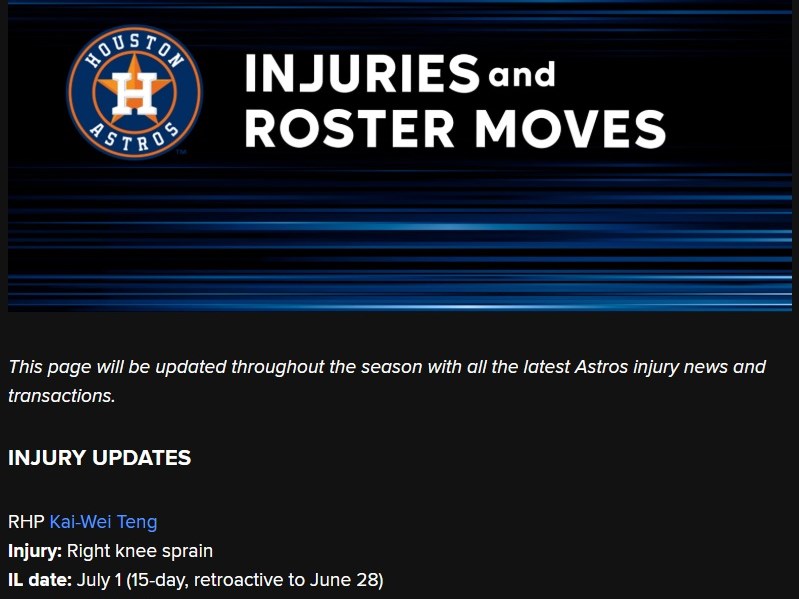 Astros place Teng Kai-wei on 15-day injured list