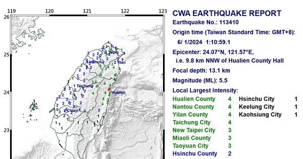 Two unrelated earthquakes struck eastern Taiwan early Saturday: CWA