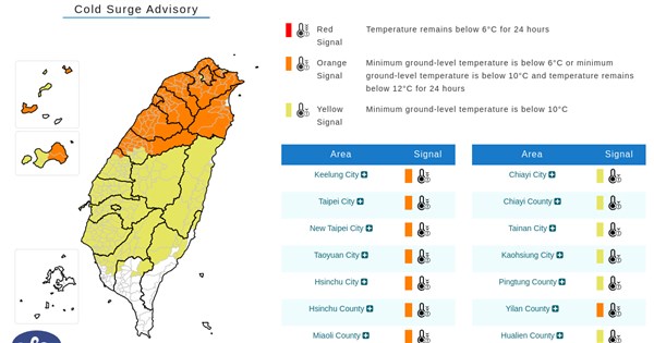 Cold surge warning imposed for most of Taiwan throughout Sunday