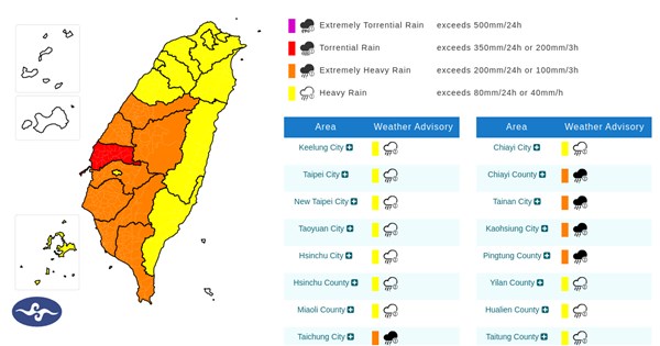 Heavy rain advisories in place around Taiwan - Focus Taiwan