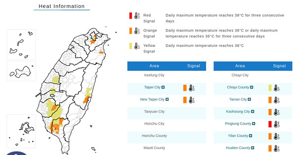 Heat warnings issued Thursday for most of Taiwan; south under 'red' alert ...