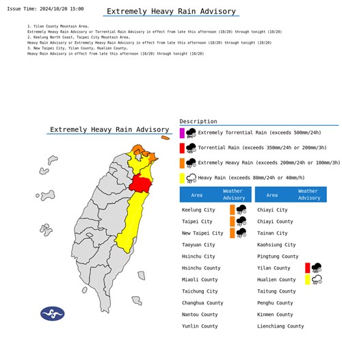 Peringatan hujan sangat lebat untuk beberapa wilayah Taiwan utara