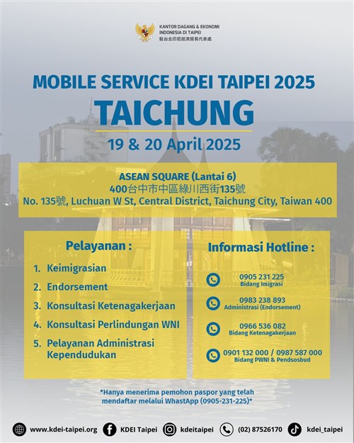 Mobile service KDEI diadakan di Taichung, Sabtu dan Minggu Ini