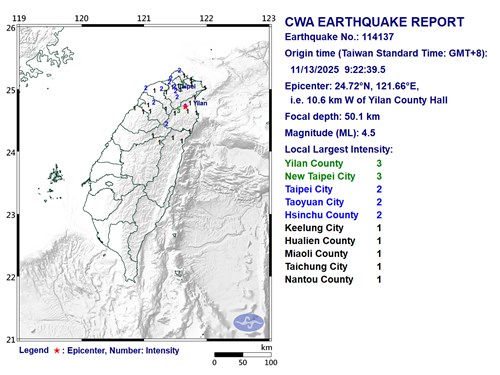 Gempa 4,5 SR guncang Kabupaten Yilan