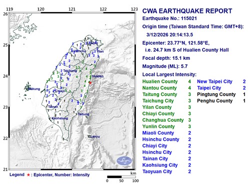 Gempa 5,7 SR guncang lepas pantai timur Taiwan
