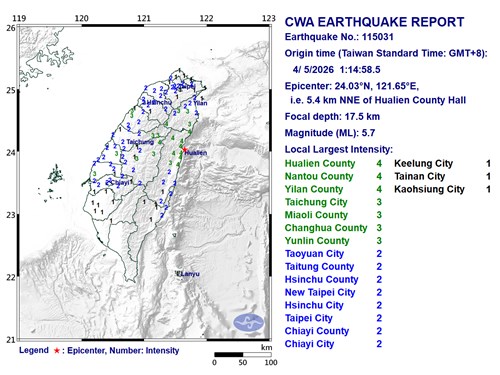 Gempa 5,7 SR guncang lepas pantai timur Taiwan