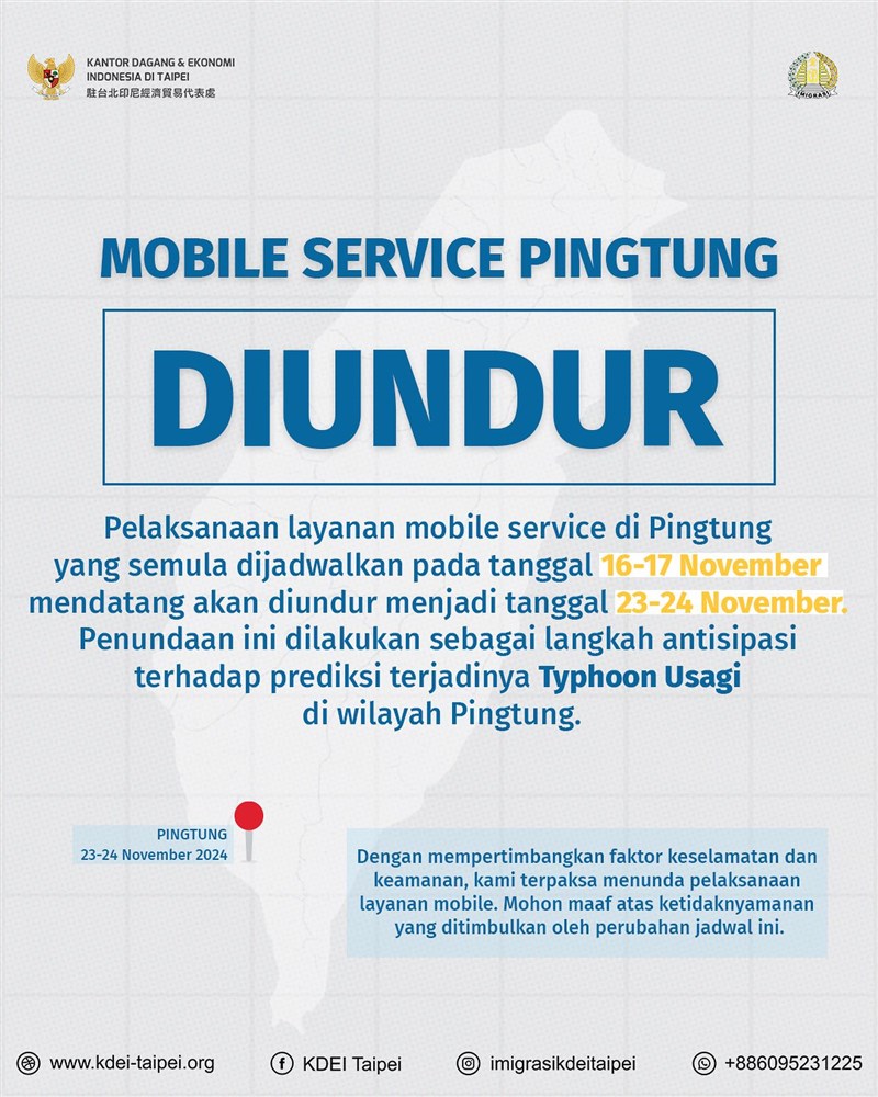 Pemberitahuan mengenai layanan mobile service KDEI di Pingtung. (Sumber Grafis : KDEI Taipei)