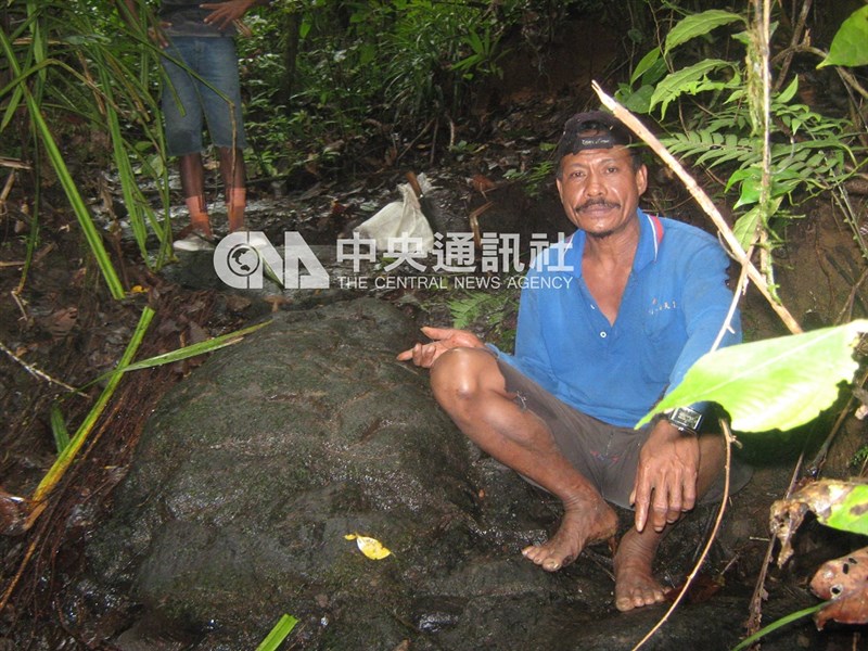 Penduduk setempat menunjukkan batu yang dipahat Suniuo saat ia bersembunyi di hutan Pulau Morotai, Indonesia. (Sumber Foto : Dokumentasi CNA)