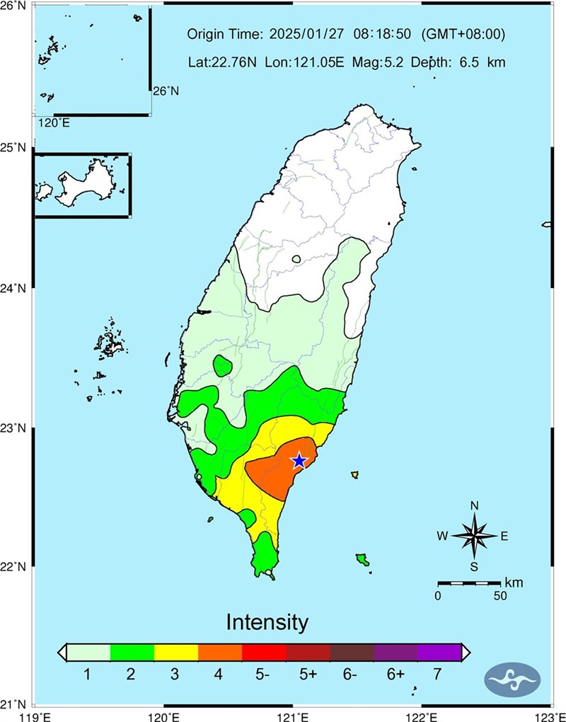 Gempa 5,2 SR mengguncang Kabupaten Taitung pada Senin pagi. (Sumber Grafis : CWA)