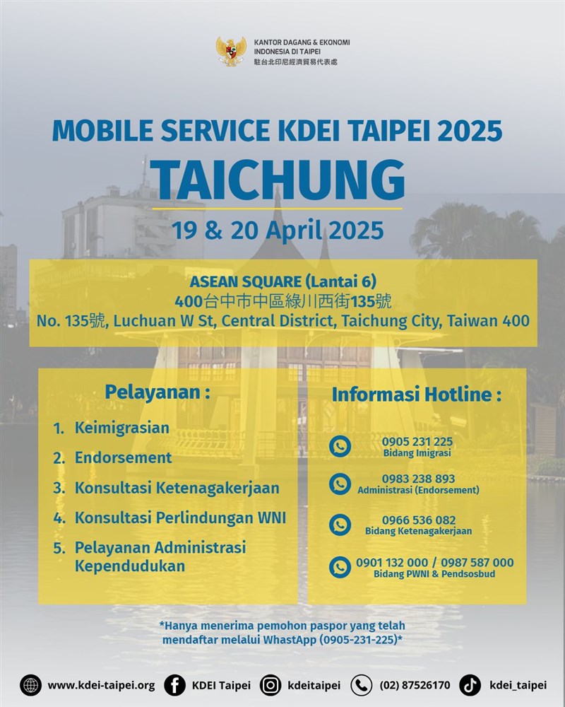 Jadwal mobile service Taichung. (Sumber Foto : KDEI)