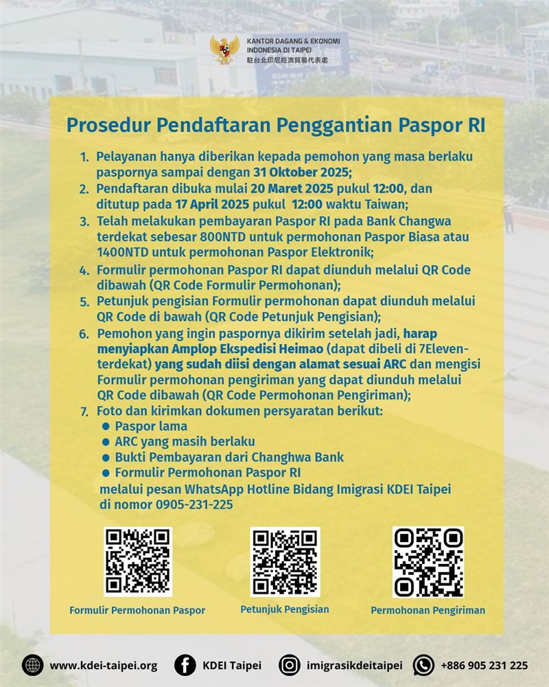 Persyaratan penggantian paspor mobile service Taichung. (Sumber Foto : KDEI)