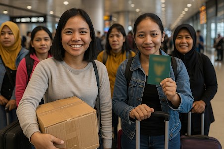 Ilustrasi pekerja migran yang cuti pulang ke Indonesia, diciptakan kecerdasan buatan. (Sumber Foto : KDEI Taipei)