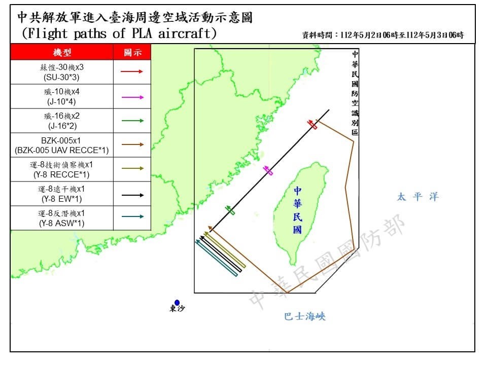 中国無人機が再び台湾を周回 国防部「厳密に監視」（国防部提供）