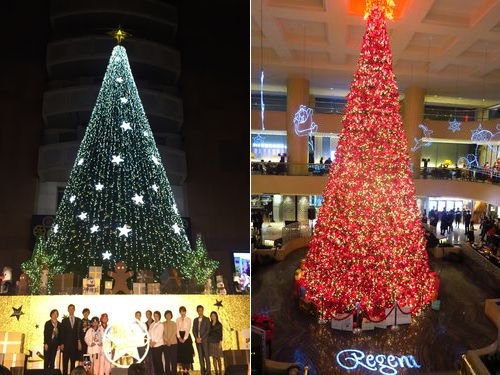 台北駅のクリスマスツリー（左）、右はリージェント台北