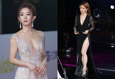 グオ・シューヤオ。レッドカーペット（左）と式典（右）で衣装を変えて登場。自慢のスタイルを存分にみせつけた。