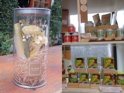 花屋「小戸人家」では、ドライフラワーを使ったアレンジメントを制作（左）。茶葉店「無蔵茗茶」（右）では、阿里山や南投産のお茶のほか、花開いた姿が美しい「工芸茶」が販売される。