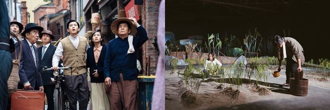 最多5部門を受賞した「台北歌手」劇中写真。作家の呂赫若の人生をドラマ化（左）し、呂の小説を舞台劇（右）の形で作品の中に織り交ぜた。（客家テレビ提供）