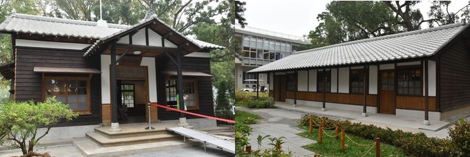 日本統治時代建設の場本部（左）と戦後に建てられた場長宿舎（右）