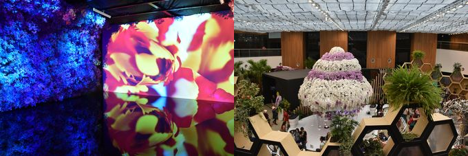 蜷川実花さんの写真を展示するエリア（左）、会場の中央部の開けたエリアに設置される高さ約7メートルの「花之信約鐘」（花の誓いの鐘）