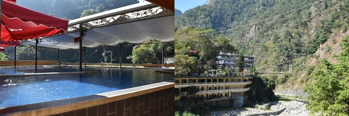 「神木谷仮期大飯店」の露天風呂。谷関温泉の露天風呂は基本的に水着着用（左）谷関の温泉街から見える景色（右）