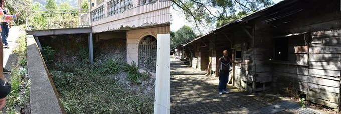 土石流に1階が埋まったままの建物（左）集落を少し上がった場所にある日本統治時代の建物（右）