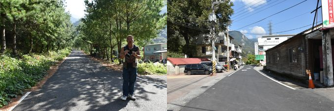 この道路は土石流が流下した場所にアスファルトを敷き、両脇にタイワンゴヨウマツを植えたのだという（左）、松鶴集落の中心部（右）