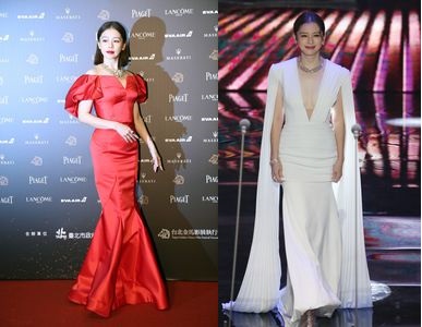 ビビアン・スー。左がレッドカーペット。授賞式では白のドレス姿を披露した（右）