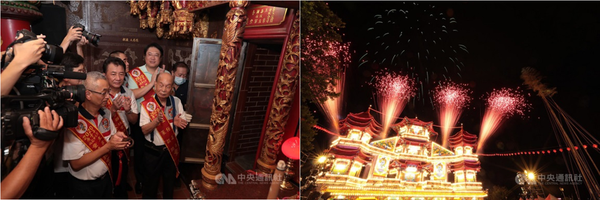 あの世とこの世をつなぐ「龕門」を開ける儀式(左)と点灯された「主普壇」。いずれも中央社資料写真。基隆市政府提供。