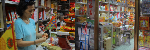 金紙を折る女主人(左)。店内ではしゃぎ回る孫娘(右手前)は「4代目」になるという。