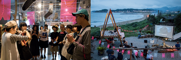 「海の家」を舞台に行われた夏限定のイベント。1泊2日のツアーでは夜、星空の下で映画を鑑賞したり、朝日が昇る海で水上スポーツ「SUP」を楽しんだりして海を満喫する。テンモアのフェイスブックページより。