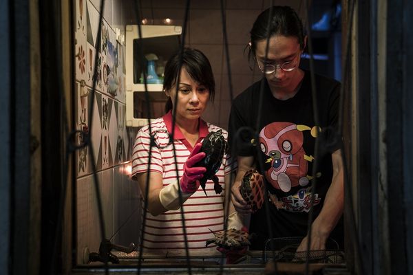 アニメ「ボビッター」のTシャツを着るアナン（右）＝「よい子の殺人犯」場面写真Ⓒ2019 ANZE PICTURES Co. , Ltd. ALL RIGHTS RESERVED