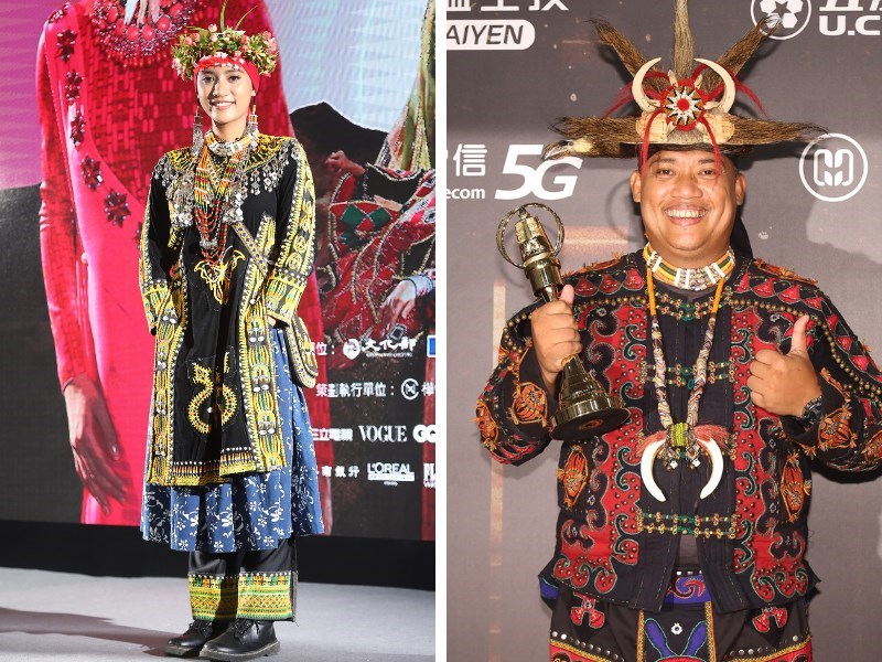 新型コロナウイルス感染のため、授賞式を欠席したチェン・イーヤー（左）。父親（右）が代わりにステージに立ち、「娘は7日間（隔離期間）を過ごさないといけないから」と明るく語ると、会場は笑いに包まれた。（左＝2022年10月14日、台北ファッションウイークにパイワン族の伝統衣装で出席したチェン・イーヤー／右＝プレスルームで笑顔を見せる父親、2022年10月22日、中央社記者張新偉撮影）