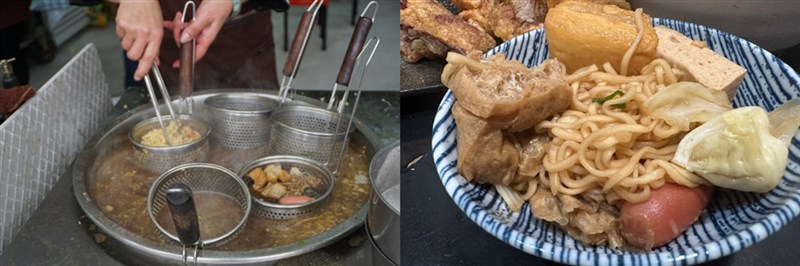 加熱するタイプの滷味。左の写真のように、湯切りに一人分ずつの具材を入れ、大きな鍋に入ったスープで煮込んでいきます(左は中央社資料写真)