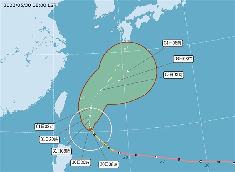 台風2号、北部を中心に雨の予報 西部では高温に要警戒　台湾（中央気象局提供）