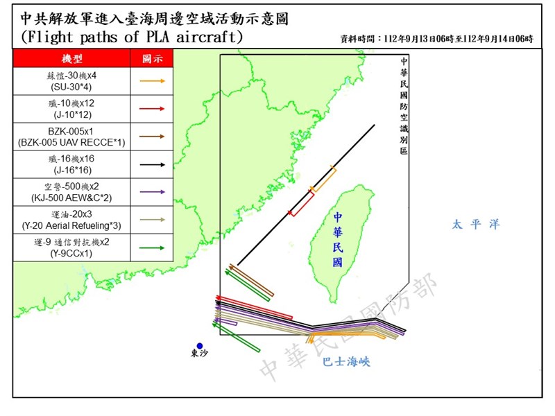 中国軍機延べ40機が台湾の防空識別圏の南西や南東部に入った（国防部提供）