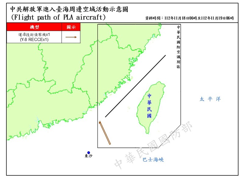 19日午前6時までの24時間に中国軍機8機が台湾海峡周辺で活動。うち1機が台湾南西の空域に進入した＝国防部提供